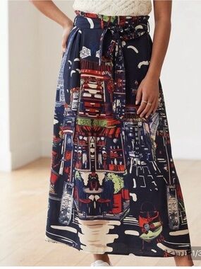 Her Destiny Paris Scene Paper Bag Waist Navy A-Line Maxi Skirt